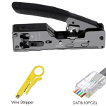 Ponchadora para RJ45 + Pelacables + 10 Conectores RJ45 CAT6 de Paso, con Conmutador CAT7 a CAT5 Integrado