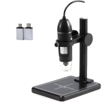 Microscopio Digital Ajustable 1600X, 2MP, 1080P, 8 LED, USB para PC y Smartphone + Soporte Dentado, Color Negro